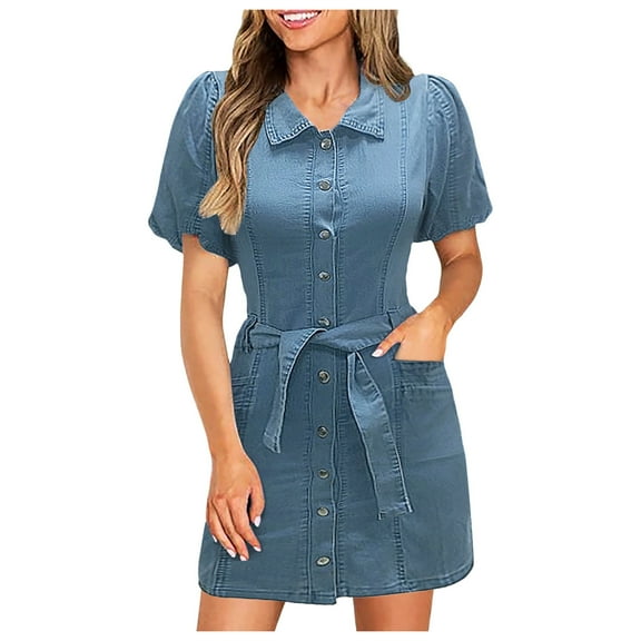 Kureaily Womens Denim Button Down Casual Belted Puff Short Sleeve Jean Dress With Pockets