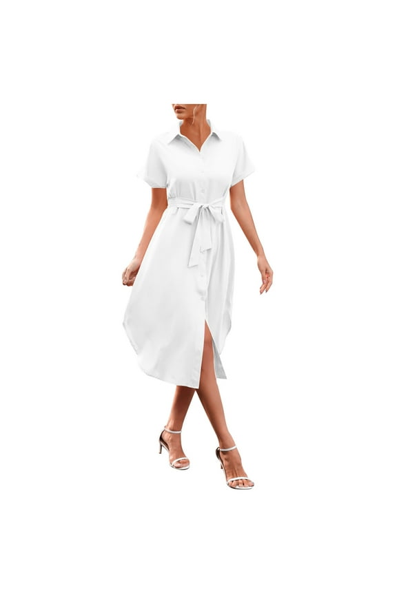 Womens Dress Summer Casual Short Sleeve Button Down Shirt Dress Beach Cover Up Dress With Pockets