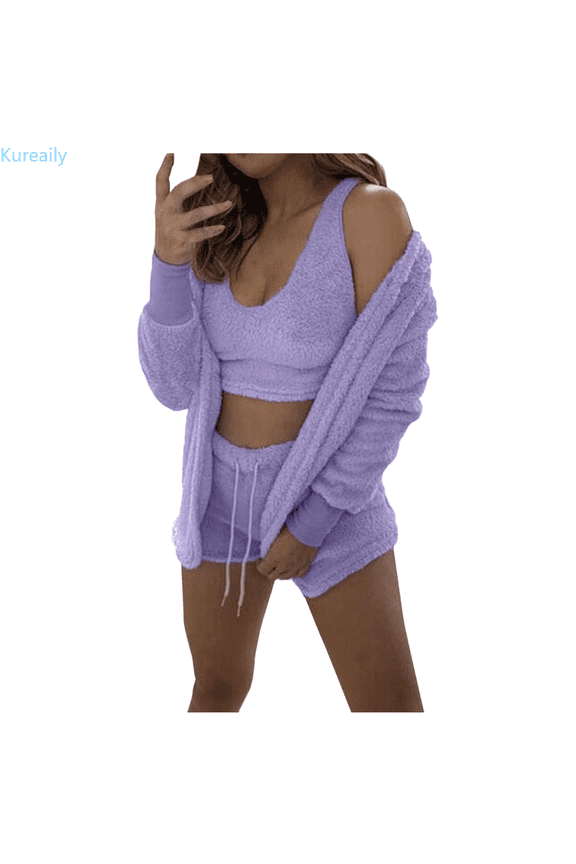 Womens Fuzzy Warm Flannel Sleepwear 3 Piece Outfit Flannel Coat Outwear Top Shorts Set Pajamas Set