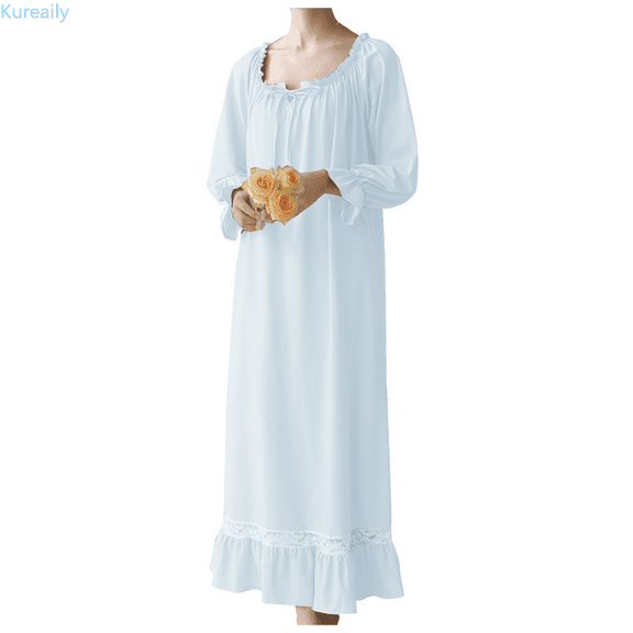 Kureaily Womens' Nightgown Long Sleeve Sleepwear Vintage Nightshirt Dress Casual Pajama Dress