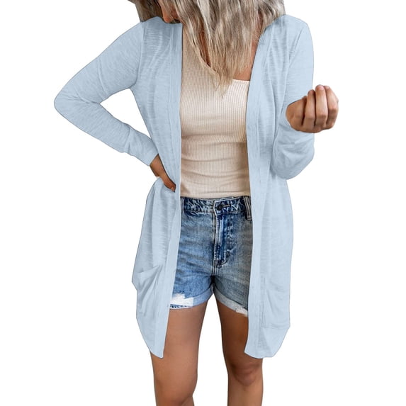 Kureaily Womens Open Front Lightweight Long Cardigan Solid Color Loose Solid Outerwear With Pockets Button Down Cardigan