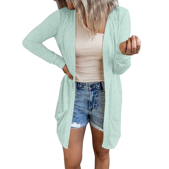 Kureaily Womens Open Front Lightweight Long Cardigan Solid Color Loose Solid Outerwear With Pockets Womens Lightweight Cardigan
