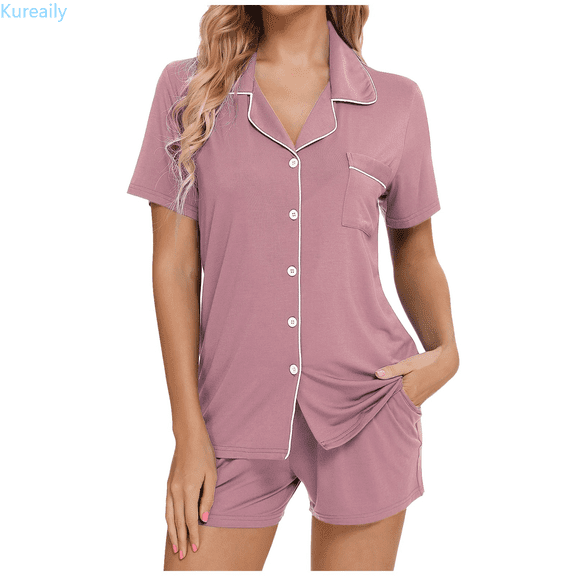 Kureaily Womens Pajamas Set Short Sleeve Sleepwear Button Down Nightwear Shorts Soft Home Wear Sets Soft Loungewear