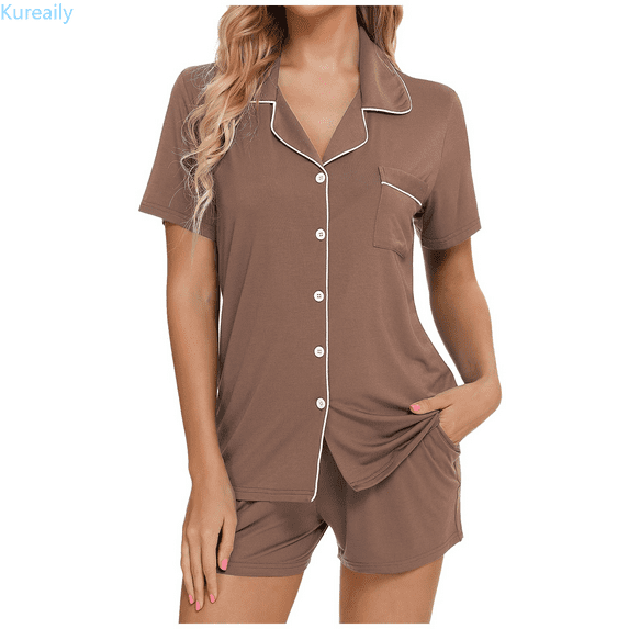 Kureaily Womens Pajamas Set Short Sleeve Sleepwear Button Down Nightwear Shorts Soft Home Wear Sets Soft Pjs Lounge Sets