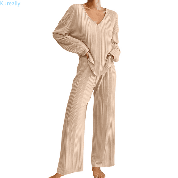 Kureaily Womens Ribbed Knit Pajamas Set V Neck Long Sleeve Pj Set Matching Outfits Top And Pant Loungewear Casual Sweatsuits Sleepwear Lounge Sets