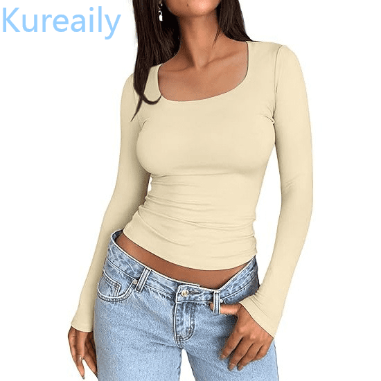 Kureaily Womens Slim Round Neck Tee Shirt Basic Solid Tight Fit Cropped Shirt Workout Long Sleeve Shirts Crop Tops Basic T Shirts Lightweight Soft Clothes