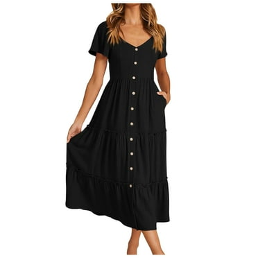 Kureaily Womens Summer Dresses 2024 Casual Short Sleeve Button V Neck Tiered A Line Flowy Beach Midi Dress With Pockets
