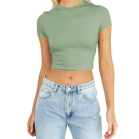 Kureaily Womens Summer Short Sleeve Cute Crop Tops Casual Basic Crewneck Slim Fit T Shirts Tees T-Shirts for Women