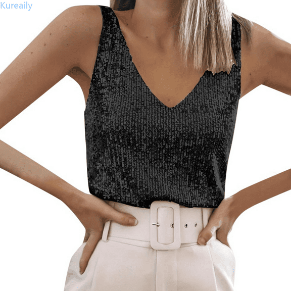 Kureaily Womens Tank Tops Casual Fashion V Neck Sequin Camisole Sleeveless Tanks Tops