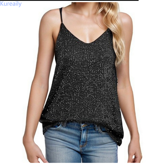 Kureaily Womens Tank Tops Casual Fashion V Neck Sequin Camisole Sleeveless Tanks Tops