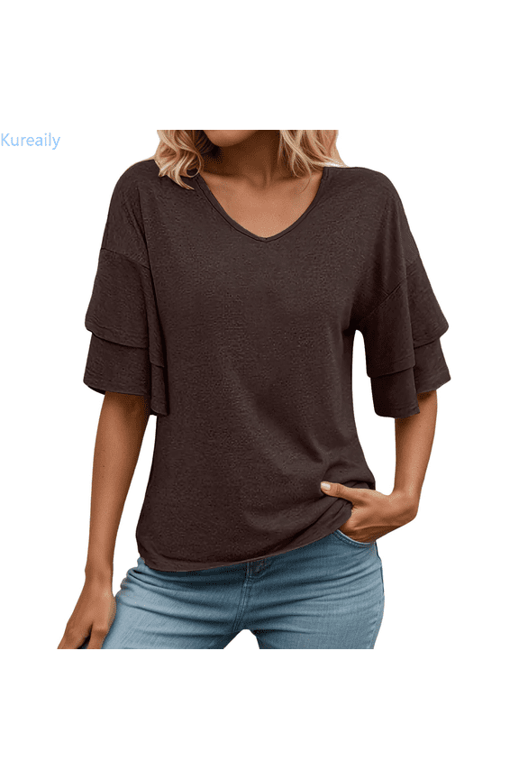 Womens V Neck Loose Fit T Shirt Double Layer Flounce Short Sleeve Top Athletic Tee T-Shirts