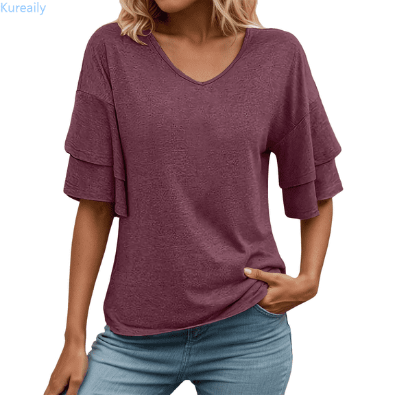 Kureaily Womens V Neck Loose Fit T Shirt Double Layer Flounce Short Sleeve Top Athletic Tee T-Shirts