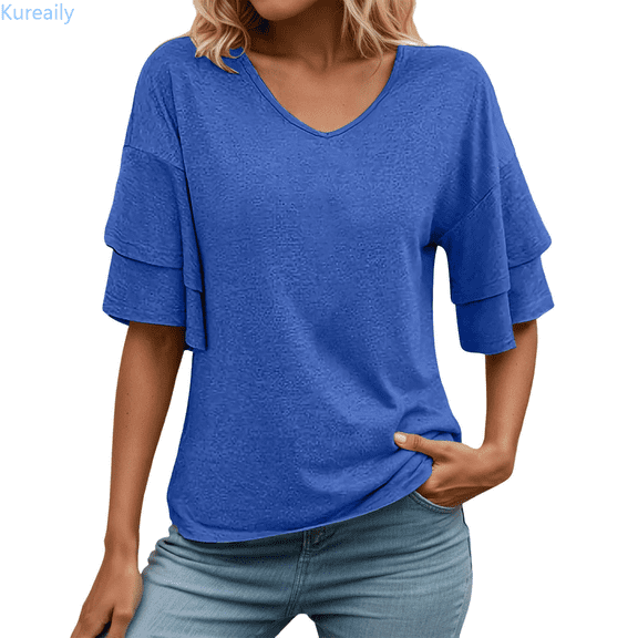 Kureaily Womens V Neck Loose Fit T Shirt Double Layer Flounce Short Sleeve Top Casual Blouses