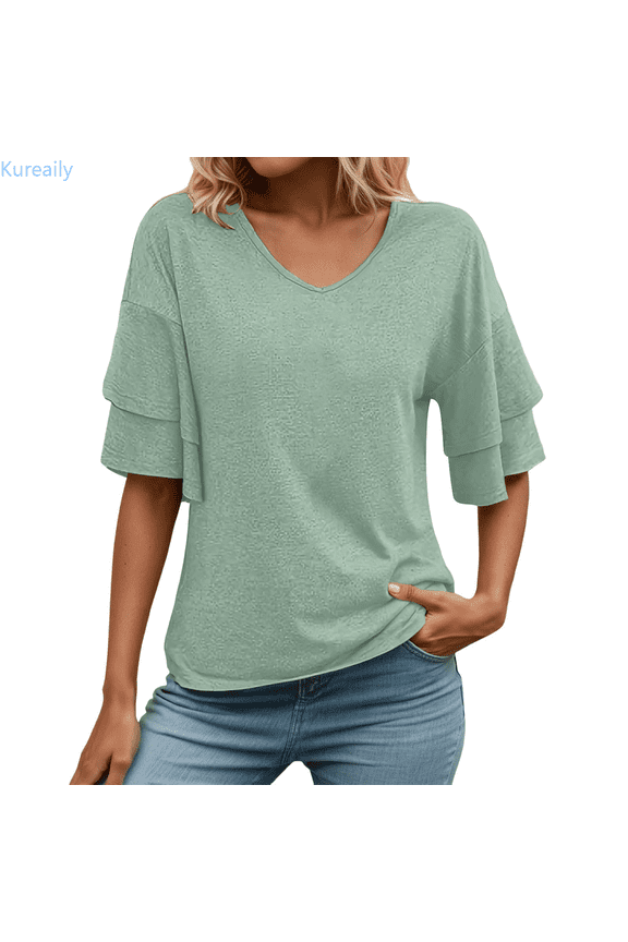 Womens V Neck Loose Fit T Shirt Double Layer Flounce Short Sleeve Top Loose Fit T Shirts