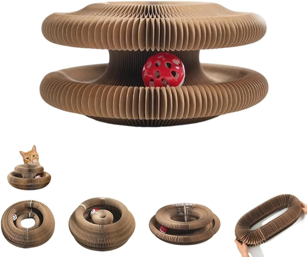 Kurlboard for Cats Self Play Indoor, Kitty Curls Cat Scratcher with Ball, Magic Accordion Cat Cardboard Scratching Interactive Toys