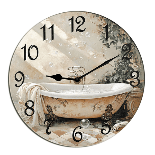Kurmntregon Bathroom Wall Clock Bathtub Silent Non Ticking Battery Operated Wood Clock For Bedroom Bathroom Living Room Office School Kitchen Shop Hotel Round 10"