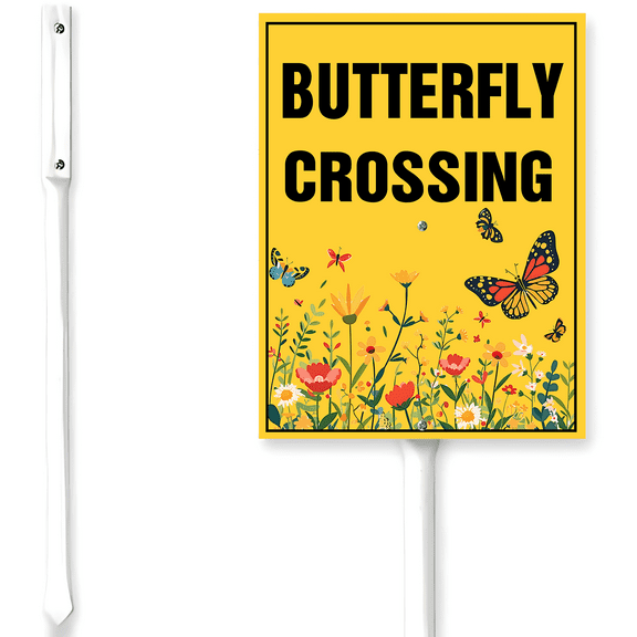 Kurmntregon Butterfly Crossing Sign With Stake Aluminium Sign 8x12 Inch Wildflower Sign Yard Metal Signs Lawn Grass Outdoor Plants Landscaping Wall Decor Stake Kit