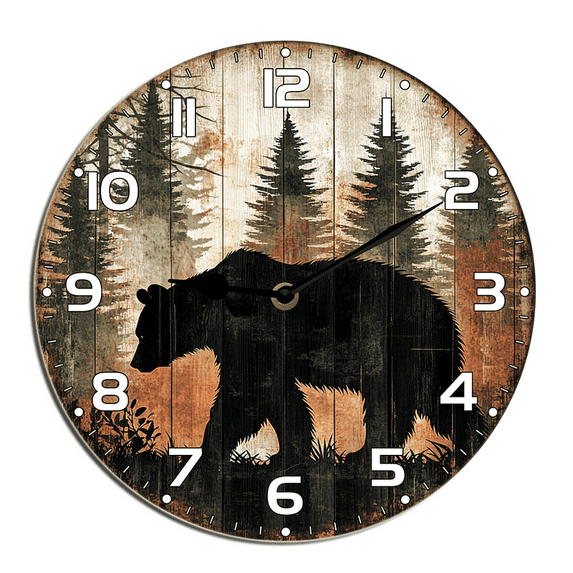 Kurmntregon Cabin Bear Wall Clock Black Bear Forest Wildlife Mountain Lodge Kitchen Living Room Silent Non-Ticking Decorative Clock Battery Operated Bedroom Home Decorative Round 10"