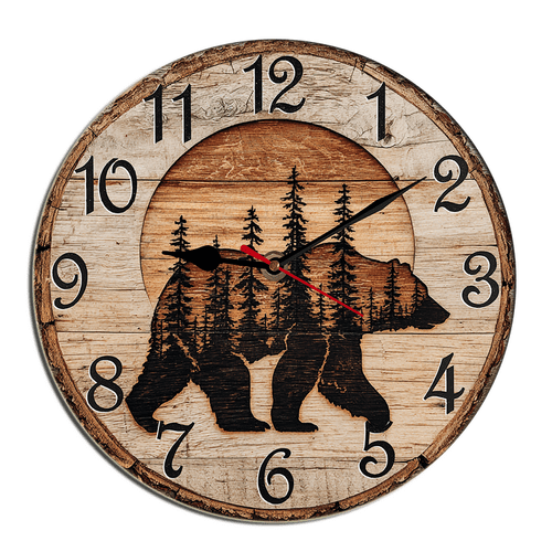 Kurmntregon Cabin Bear Wall Clock Black Bear Wildlife Forest Mountain Lodge Wooden For Kitchen Bathroom Silent Non Ticking Decorative Clock Battery Operated Home Office Living Room Decor Round 10"