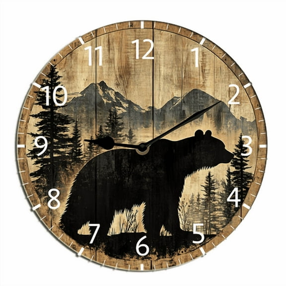 Kurmntregon Cabin Bear Wall Clock Forest Wildlife Mountain Lodge Wooden Bathroom Clock Battery Operated Non Ticking Silent Clocks Living Room Decorative Decor Round 10"