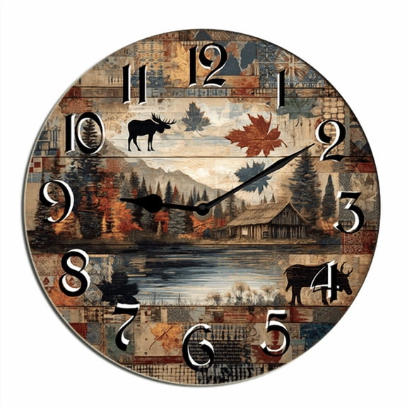 Kurmntregon Cabin Bear Wall Clock Forest Wildlife Mountain Lodge Wooden Silent Non Ticking Battery Operated Wood Clock For Bedroom Bathroom Living Room Office School Kitchen Round 10"