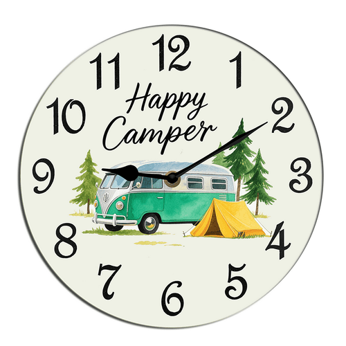Kurmntregon Camping Wall Clock Camper Van Summer Decorative Wooden Battery Operated Quartz Silent Hanging Clock For Bedroom Living Room Kitchen Coffee Bar Shop Hotel Round 10"