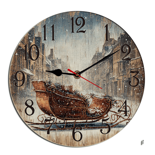 Kurmntregon Christmas Sleigh Wall Clock Santa Claus Reindeer Wooden Non Ticking Silent Quartz Bedroom Living Room Office Gym Kitchen Bathroom Patio Decor Decorative Clocks Round 10"
