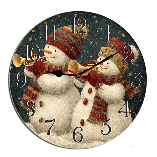Kurmntregon Christmas Snowman Wall Clock Snowman Playing Music Wooden Winter Xmas Silent Non Ticking Battery Operated Rustic Farmhouse Clocks Decorative For Living Room Bedroom Office Round 10"