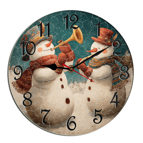 Kurmntregon Christmas Wall Clock Happy Snowmen Play Musical Winter Xmas Holiday Wooden Decorative Battery Operated Quartz Silent Hanging Clock For Bedroom Living Room Kitchen Coffee Bar Round 10"