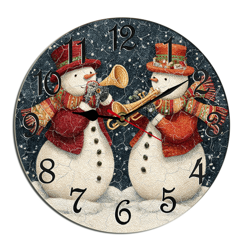 Kurmntregon Christmas Wall Clock Happy Snowmen Play Musical Winter Xmas Holiday Wooden Silent Non-Ticking Desk Clock Decorative For Living Room Home Office School Kitchen Wall Decoration Round 10"
