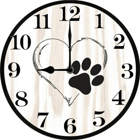 Kurmntregon Dog Wall Clock Love Dog Paw Wall Clock Wooden Bathroom Clock Battery Operated Non Ticking Silent Clocks Living Room Decorative Clock Round 10inch
