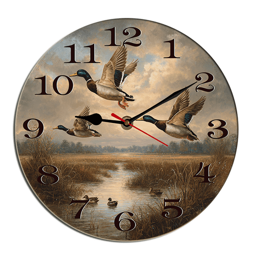 Kurmntregon Duck Hunting Wall Clock Flying Mallard Duck Wooden Holiday Wildlife Silent Non Ticking Decorative Clock For Living Room, Kitchen, Home,Bathroom, Bedroom, Office Or School Round 12"