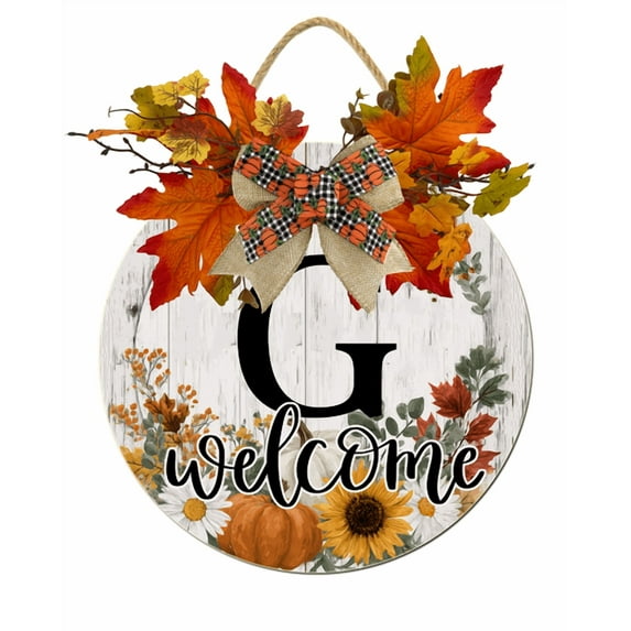 Kurmntregon Fall Front Door Welcome Sign Last Name/Initial Fall Wreath Alphabet G Monogram Wall Hanger Personalized Letters Pumpkin Thanksgiving Home Farmhouse Rustic Holiday Decoration Round 11"