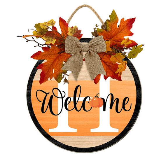Kurmntregon Fall Front Door Welcome Sign Last Name/Initial Fall Wreath Alphabet H Monogram Wall Pumpkin Hanger Personalized Letters Home Farmhouse Rustic Thanksgiving Holiday Decoration Round 11"