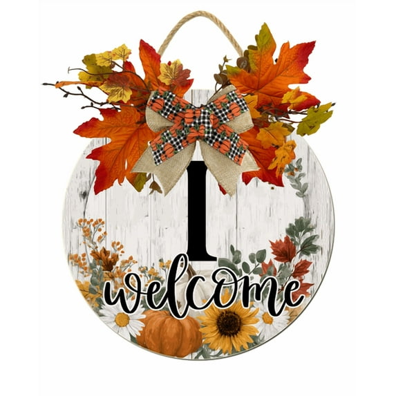 Kurmntregon Fall Front Door Welcome Sign Last Name/Initial Fall Wreath Alphabet I Monogram Wall Hanger Personalized Letters Pumpkin Thanksgiving Home Farmhouse Rustic Holiday Decoration Round 11"