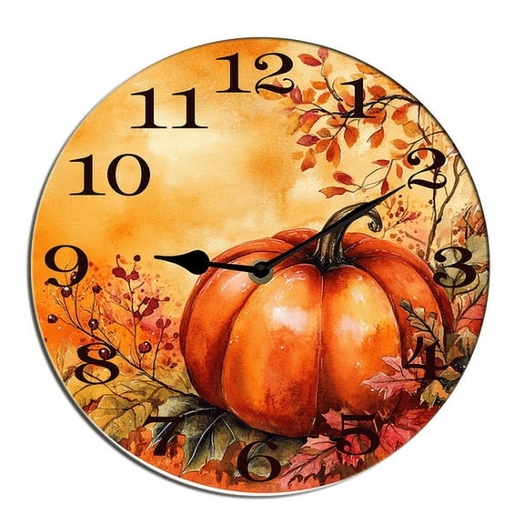 Kurmntregon Fall Pumpkin Wall Clock Hello Fall Harvest Leaves Non Ticking Silent Kitchen Clock Battery Operated Clocks For Living Room Bedroom Living Room Decor Hanging Desk Art Round 10"