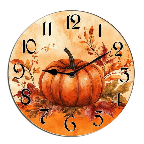 Kurmntregon Fall Pumpkin Wall Clock Hello Fall Harvest Leaves Silent Non Ticking Wooden Clocks Decorative Battery Operated For Bedroom Kitchen Living Room Bathroom Hanging Desk Art Round 10"
