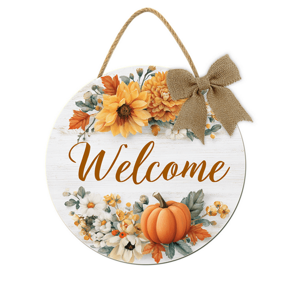 Kurmntregon Fall Welcome Sign For Front Door Thanksgiving Pumpkin Autumn Leaves Sunflowers Wooden Hanging Welcome Sign For Harvest Indoor Outdoor Home Porch Wall Decor Round 11"