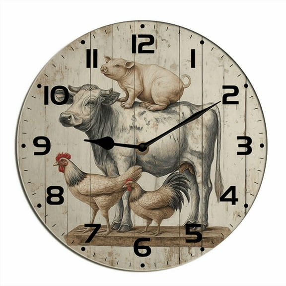 Kurmntregon Farm Animal Cow Pig And Chicken Wall Clock Wooden Silent Non Ticking Battery Operated Rustic Farmhouse Kitchen Clocks Decorative For Living Room Bedroom Office Round 10"