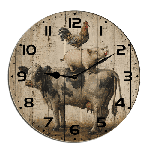 Kurmntregon Farm Animal Cow Pig And Chicken Wall Clock Wooden Silent Non Ticking Decorative Clock For Living Room, Kitchen, Home,Bathroom, Bedroom, Office Or School Round 10"