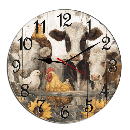 Kurmntregon Farmhouse Animals Wall Clock Farm Cow Pig Chicken Wooden Silent Non Ticking Decorative Clock For Living Room, Kitchen, Home,Bathroom, Bedroom, Office Or School Round 10"