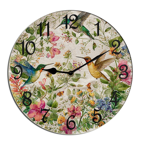 Kurmntregon Floral Hummingbird Wall Clock Spring Birds Wooden Decorative Wooden Battery Operated Quartz Silent Hanging Clock For Bedroom Living Room Kitchen Coffee Bar Round 10"
