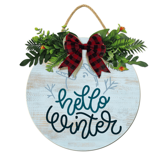 Kurmntregon Hello Winter Front Door Sign Christmas Hello Winter Porch Wall Hanging Wreath Xmas Holiday Winter Holiday Home Garden Yard Farmhouse Front Door Decor Round 10"