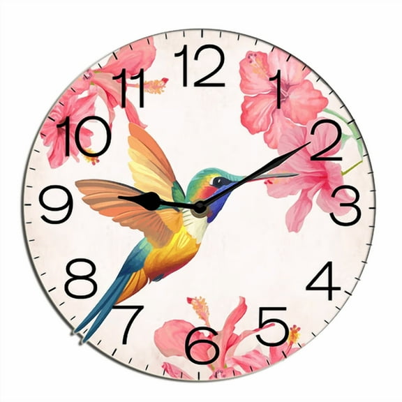 Kurmntregon Hummingbird Wall Clock Spring Floral Wooden Wall Clocks Silent Non Ticking Battery Operated Rustic Farmhouse Kitchen Clocks Wall Decorative For Living Room Bedroom Office Round 10"
