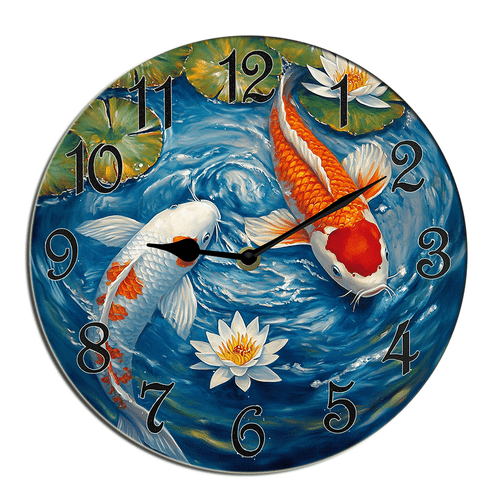 Kurmntregon Koi Fish Wall Clock Chinese Style Colorful Fish Wooden Clock Wooden Painted Silent Non-Ticking Round Clock For Garage Basement Restaurant Workshop Wall Hanging Desk Art Round 10"