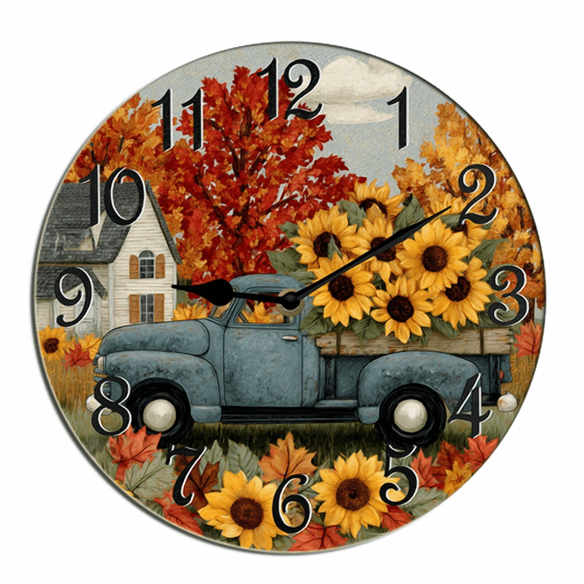 Kurmntregon Old Truck Sunflowers Wall Clock Fall Leaves Wooden ...