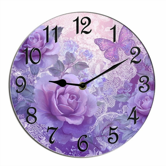 Kurmntregon Rose Butterfly Wall Clock Summer Floral Battery Operated Clocks Non Ticking Quartz Analog Bathroom Kitchen Living Room Wall Decor Hanging Desk Art Round 10"
