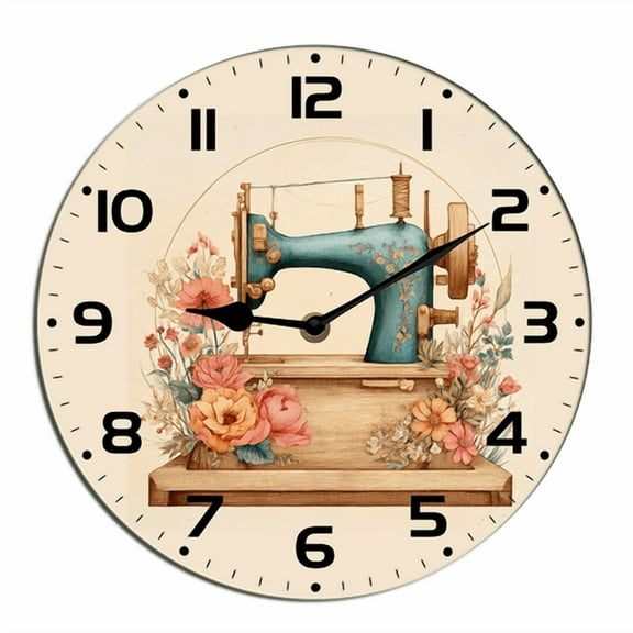 Kurmntregon Sewing Machine Wall Clock Tailor's Shop Kitchen Living Room Silent Non-Ticking Decorative Clock Battery Operated Bedroom Home Decorative Hanging Desk Art Round 10"