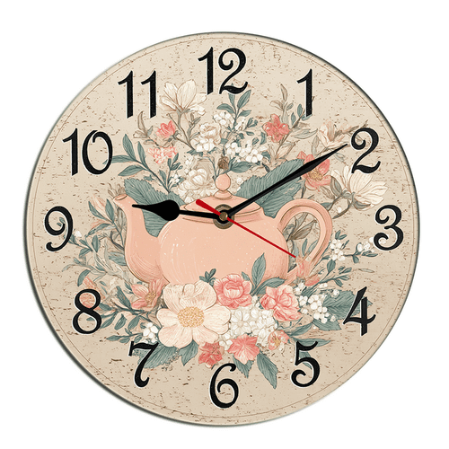 Kurmntregon Teapot Wall Clock Afternoon Tea Floral Wooden Non Ticking Silent Quartz Bedroom Living Room Office Gym Kitchen Bathroom Patio Decor Decorative Clocks Round 10"