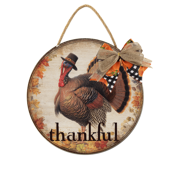 Kurmntregon Thanksgiving Decorations Front Door Turkey Thankful Hanging Sign Turkey Front Porch Decor Wooden Door Wall Hanger Indoor Outdoor Farmhouse Home Porch Party Decor Round 11inch